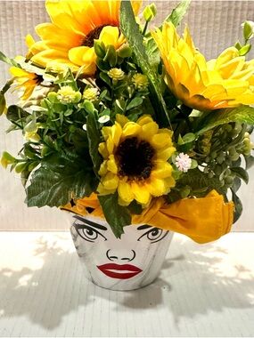 Yellow Sunflower Arrangement in Face Planter Handmade